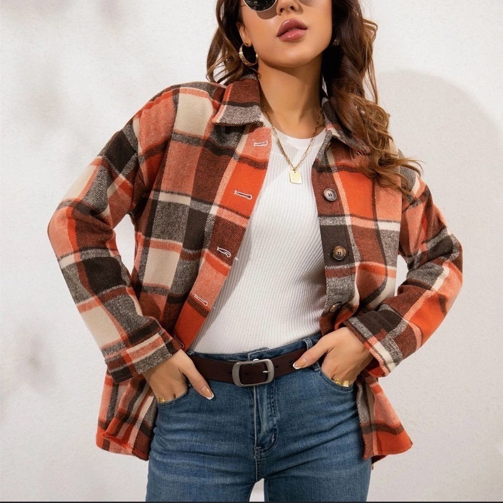 Julia Rose Women’s Orange Brown and Cream Plaid Flannel  Size: Medium